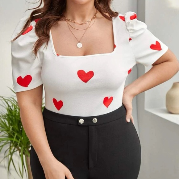 Heart print puff sleeve square neck top - Picture 1 of 10